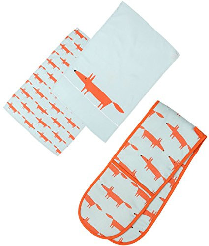 MR FOX Print Tea Towels & Double Oven Glove SET - Light Blue & Orange FOX PRINT Kitchen Textiles Oven Glove & Tea Towels Set