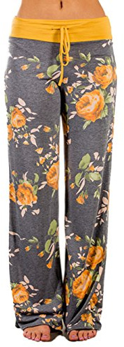 iChunhua Women's Comfy Stretch Floral Print Drawstring Palazzo Wide Leg Lounge Pants(L,Yellow)