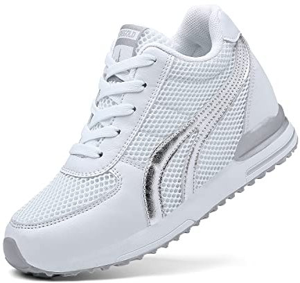 AONEGOLD® Sneakers Zeppa Interna Donna Scarpe da Ginnastica Basse Sportive Fitness Tacco Zeppa 7 CM Nero Bianco Grigio(Bianco,36 EU)