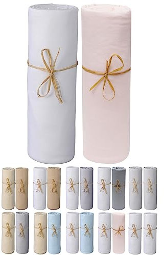 P'tit Basile - 2er Set, Doppelpack Jersey Spannbettlaken Baby, Spannbetttüch 100% Bio-Baumwolle - 70x140 cm Weiß/Puderrosa - Ausziehbar mit elastisch Rundum- MARKENQUALITÄT ÖKOTEX