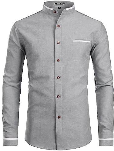 PARKLEES Mens Hipster Design Grandad Collar Oxford Shirt Slim Fit Long Sleeve Casual Button Down Dress Shirts with Pocket Grey XXL