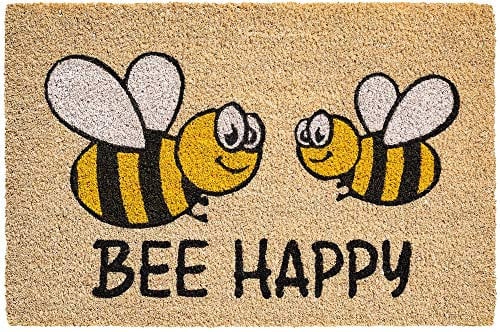 Kokosmatte als innen und aussen-bereich Fußmatte in 40x60 cm - Kokosfaser Türmatte Bienen Bee Happy Spruch als lustige Sauberlaufmatte - Outdoor Fußabstreifer für Haustür, Flur, Garten