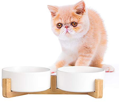 AHX Futternapf Katze 2er Set mit Holzständer - Doppelter Katzennapf Keramik für Wasser und Futter - Fressnapf Hund Klein - 2 x 480 ml