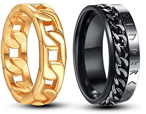 NUNCAD 2Pcs Couple Ring Black Gold Stainless Steel Ring for Men Women Cuban Spinner Chain Ring Wedding Engagement Ring Anxiety Ring Viking Runes Size N 1/2 to X 1/2