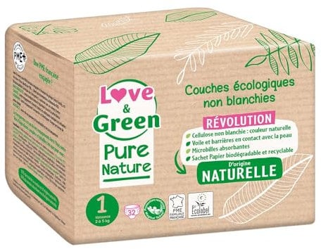 Love & Green Pure Nature Ökologische Windeln, 32 Windeln, Größe 1 (2 bis 5 kg)