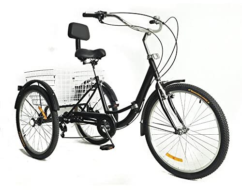 ROMYIX 24Zoll 7Gang Dreirad für Erwachsene mit Korb 3-Rad Erwachsene Senioren Dreirad Fahrrad Dreirad Cruiser Bikes für Outdoor-Sportarten (faltbar)