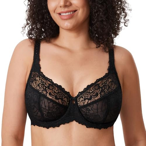 DELIMIRA Donna Reggiseno Minimizer in Pizzo Taglie Forti Coppa Completa con Ferretto Senza Imbottito Nero 7G