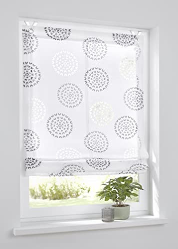 Kutti Bella - Tenda a pacchetto con occhielli, colore bianco antracite, motivo cerchio, con ganci per finestra (60 x 140 cm)