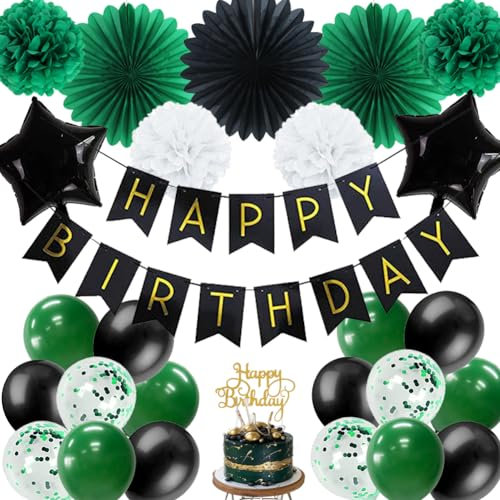 Geburtstagsdeko Grün Schwarz Geburtstag Set für Mädchen Jungen Frauen Männer Papierfächer Papierbommeln Luftballons Happy Birthday Banner für Geburtstag Dekoration