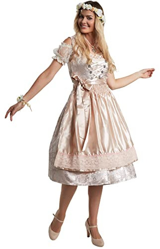 dressforfun Dirndl Damen Midi, Trachtenrock Trachtenkleid mit Schürze, halblanges Dirndlkleid mit Rüschen und Spitze, Trachtenmode Damen für Oktoberfest, mit Dirndl Bluse kombinierbar, beige/Silber