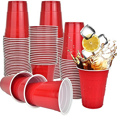Epished Super Sturdy 100 Pcs (16 oz) Large Red Plastic Cups Disposable & Recyclable - Odorless & Shatter Proof Easy Separable Red Party Cups - Party Hard w/Red Drink Cups Made of Durable PP Material