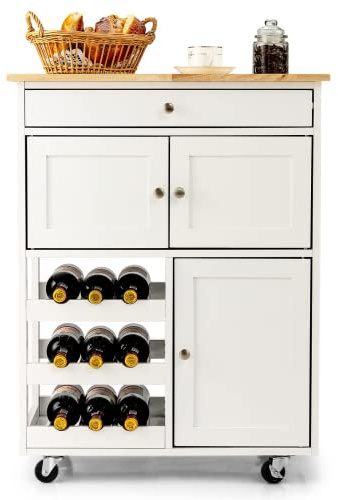 GYMAX Carrello da Cucina, Carrello Portavivande, Credenza da Cucina con Ruote, Cassetti e Portabottiglie, Carrello di Servizio con 3 Ripiani, Carrellino Salvaspazio e Multiuso, in Legno (Bianco)