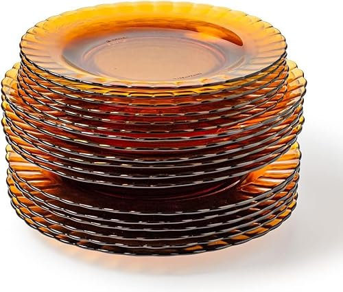 Duralex® Colección Le Picardie®, Plato ondulado de cristal,Cena 23 cl, sopa 23 cl y postre 20.5 cm,Set,Resistente a los arañazos, apto para lavavajillas (ámbar, juego de 18)