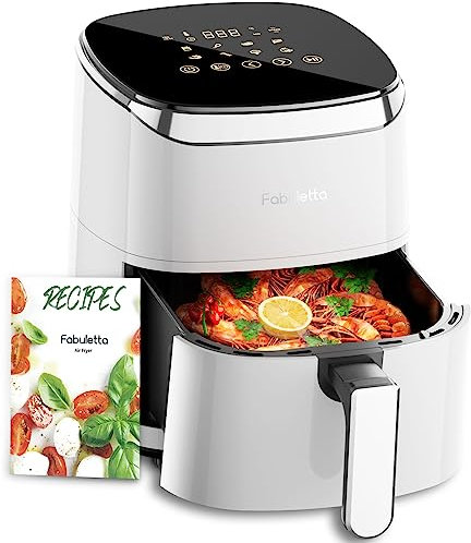 Fabuletta Heißluftfritteuse 4L, 9-in-1 Air Fryer, Max 230℃ Heissluft Fritteusen, Digitalem LED-Touchscreen AirFryer, Rapid Air und Fettentfernungstechnologie, Vorheizen, Shake-Modus (Weiß)