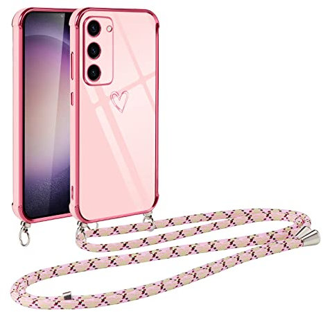Vauki Coque pour Samsung Galaxy S23 avec Cordon de Collier, Galvanisé Etui Housse avec Motif Coeur d'amour, Antichoc Anti-Rayures Case avec Bandoulière pour Samsung S23 6.1, Rose