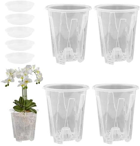 Youning Lot de 5 pots à orchidées transparents en plastique transparent - Avec trou de drainage - Respirants - 12 cm + plateau
