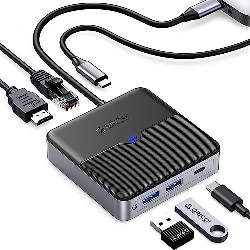ORICO USB C Hub, 6 in 1 USB C Docking Station with 4K@60Hz HDMI, 1000M Ethernet, 100W PD Charging, USB C 5Gbps, 2 USB Port 5 Gbps, Type C Multiport Adapter for MacBook Pro