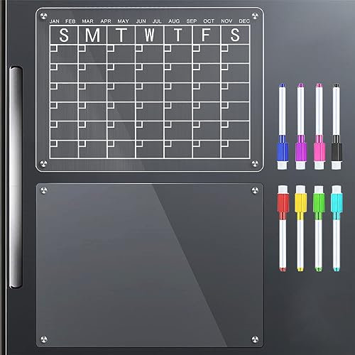 Magnetischer Acryl-Kalender für Kühlschrank, 2 Stück, 36,1 x 27,9 cm, monatlicher und transparenter magnetischer Kalender für Kühlschrank, wiederverwendbarer magnetischer Kühlschrankkalender mit 8