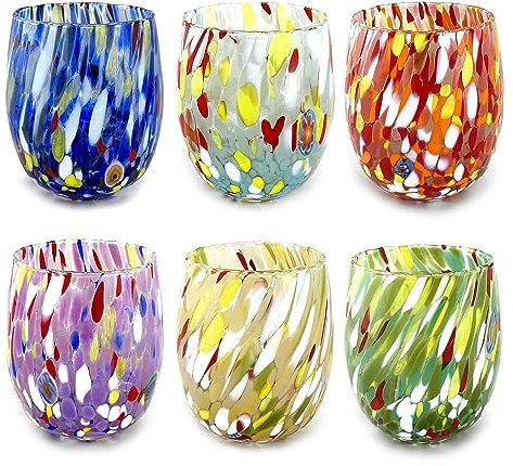MAZZEGA ART & DESIGN - 6 vasos de agua de cristal soplados y hechos a mano con murrine Murano refinados y originales - Los colores de Murano - Modelo Colombina 435 ml. Fabricado en Italia