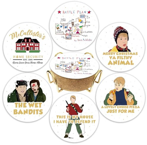 Lustige Untersetzer mit Aufschrift Home Alone, 6 Stück, Keramik-Getränkeuntersetzer mit Metallhalter, für Zuhause, Film-Geschenke, niedliche Weihnachtsdekoration, Weihnachtsgeschenke für Frauen und
