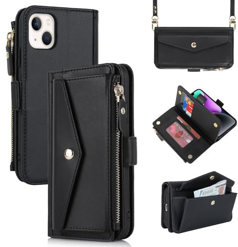 Zouzt for iPhone 13 Wallet Case for Women, Purse with Credit Card Holder Slots Crossbody Lanyard Strap Zipper Flip Book Shockproof Protective Phone Cover for Apple 13 6.1 Inch (Black)