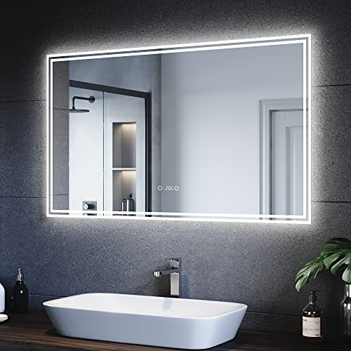 SUNXURY Badspiegel 120x70cm mit Beleuchtung und Uhr beschlagfrei LED Spiegel mit Bluetooth Spiegel mit Touch Badezimmerspiegel Wandspiegel Kaltweiße IP44