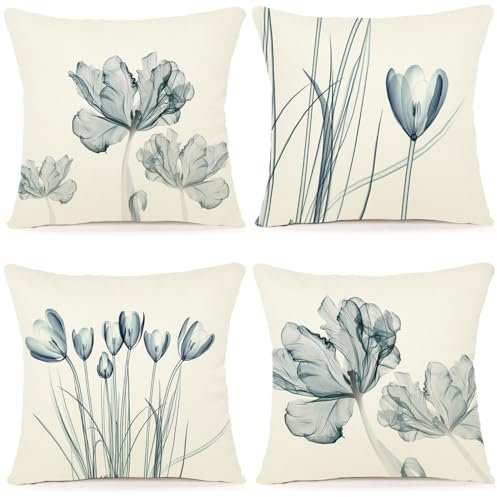 ZWJD Blumen Kissenbezug 45x45 4er Set Outdoor Kissen Dekokissen Leinen Kissenhülle Kissenbezüge Florales Aquarellgemälde Kissenhüllen für Sofa Wohnzimmer Zierkissen 45x45cm