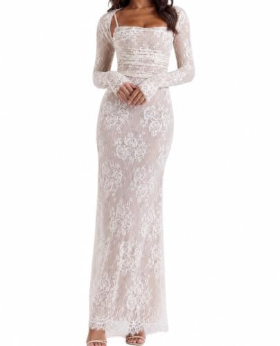 Damen-Maxikleid im Vintage-Stil, cremefarben, Spitze, romantisch, lange Ärmel, figurbetontes Kleid