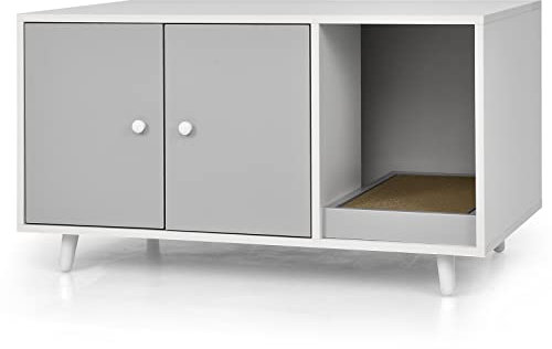 GYMAX 2 in 1 Katzenschrank für Katzentoilette, Katzenhaus mit 2 Türen & Katzenkratzbrett, Katzenklo Schrank, Beistelltisch 90 x 50 x 50 cm (Grau)