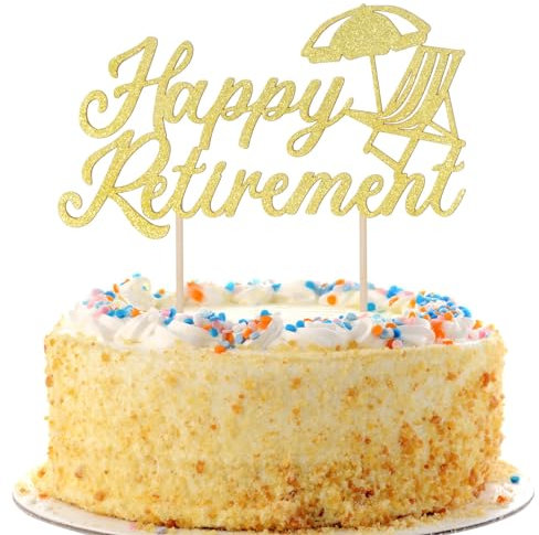 Happy Retirement Cake Topper Gold Glitter Retirement Cake Decoration Picks for Celebrating Retired Party Cake Decoration Supplies