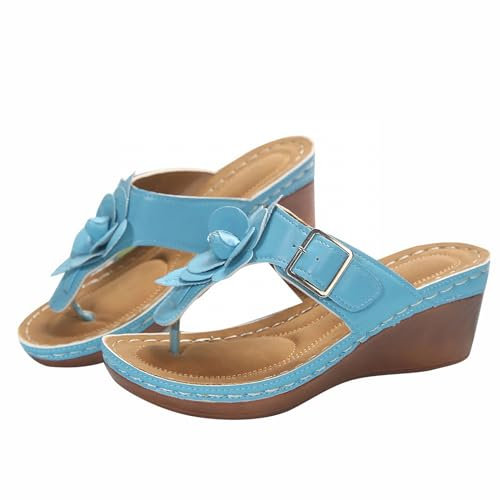 Stivali invernali con zeppa nascosta per donna moda retrò in pelle solida fiore decorativo punta aperta suola spessa sandali con zeppa da donna in memory foam, Blu, 37 EU