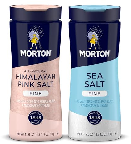 Morton Ensemble shaker – Sel de mer fin (500 g) et sel rose de l'Himalaya (500 g), entièrement naturel, idéal pour la cuisson, le mélange et la cuisine, lot de 2