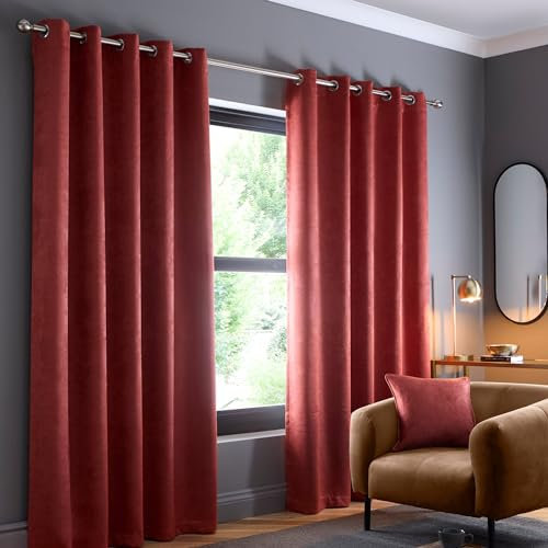 Fusion Strata Terracotta Eyelet Curtains – W90 x L108 (229 x 275cm) – 2 Panels – Thermal Insulated Drapes – Orange Red Window Treatment for Bedroom & Living Room – Soft Cotton – Modern Door Style