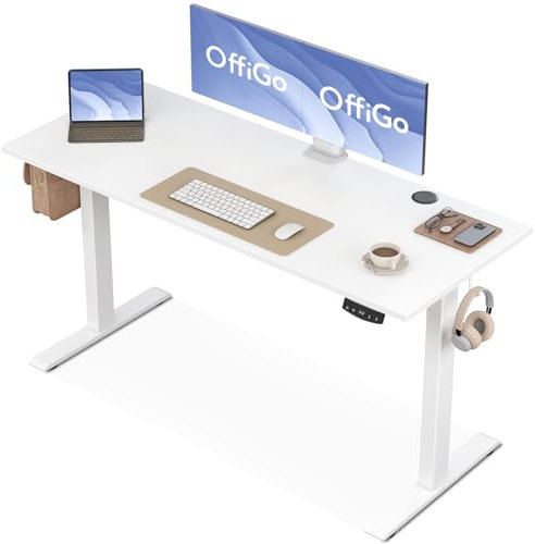 OffiGo Electric Standing Desk 140cm White Height Adjustable Desk with 2 Memory Presets for Home Office