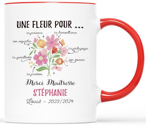 Cadeau Plus Mug Personnalisé Prénom Merci Maîtresse - Cadeau personnalisé maitresse, cadeau maîtresse, mug personnalisé merci maitresse, tasse maitresse d'école (Rouge)