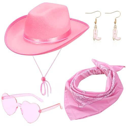 Cowboy Hut, 4PCS Filz Cowboyhut Cowgirl Hut mit Herzbrille Schal Ohrringe Cowgirl Kostüm Accessoires Damen Cowboy Hut Wilder Westen Kostü Westernhut für Party Cosplay Karnevalsfeiertage (Rosa)