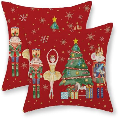 GOLIANDA Weihnachts-Kissenbezüge, 45,7 x 45,7 cm, 2 Stück, Weihnachtsdekoration, Nussknacker-Kissenbezüge, Weihnachtsbaumdekoration, rote Dekokissen, Bauernhaus, Winterurlaub, Dekoration,