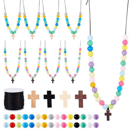 Beadthoven Kreuz, runde Holzperlen, DIY-Kits mit Kordel, 415 Stück, undurchsichtige Kruzifix-Perlen, bunte, lose Abstandshalter, Perlen für DIY-Armbänder, Halsketten, Schmuckherstellung