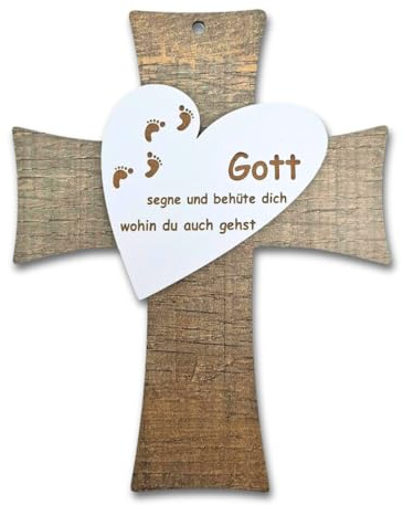 Taufkreuz aus Holzdekor mit Herz und Gravur – „Gott segne und behüte dich“ – Geschenk zur Taufe Erstkommunion Konfirmation Firmung für Mädchen & Jungen – Handgemacht mit Lasergravur – Kruzifix