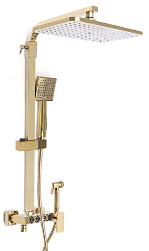 Sistema de ducha dorado, altura ajustable (80-120 cm), soporte de pared, juego de ducha con 4 funciones, salida de agua, ducha de lluvia, ducha de mano, grifo de bañera, ducha de bidé, para baño