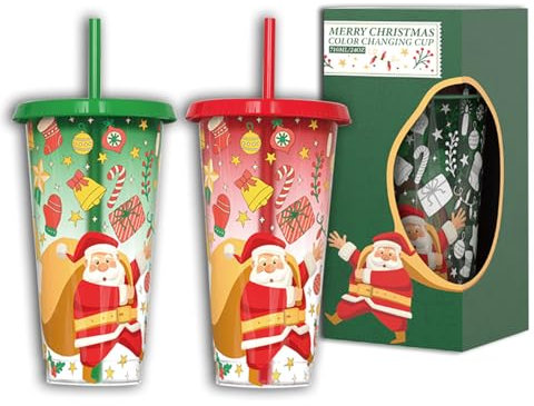 BLAENU Lot de 2 gobelets à changement de couleur avec pailles, motif Père Noël