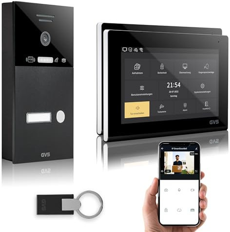 GVS - IP Video Türsprechanlage mit Türöffner, RFID Zugang, HD Kamera, 2X 7 Zoll Monitor & App - Smarte Video Türklingel mit Kamera & Gegensprechanlage für 1 Familienhaus (AVS4285A)