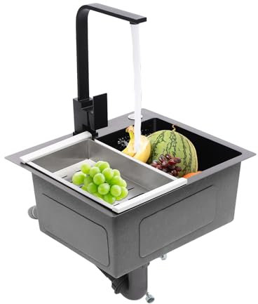 Spülbecken Schwarz 40x45cm Edelstahl Küchenspüle, Unterbau oder Einbau Waschbecken für ab 45er Unterschrank-Anthrazit mit Überlauf und Schnell Ablaufgarnitur