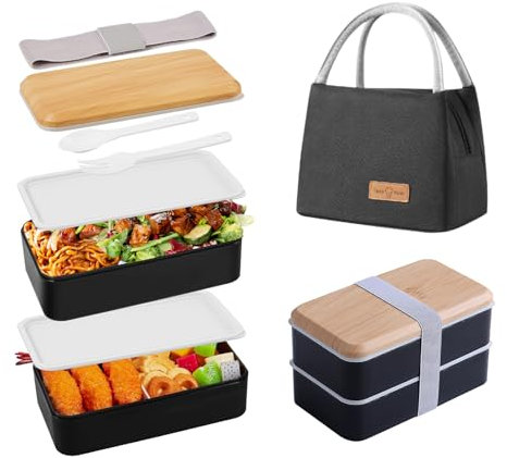 Aiuuee Bento Lunch Box avec Sac, 1400 ml Boite Repas avec 8L Sac Isotherme Repas et Couverts, Bento Box Micro-Ondable, Anti Fuite Boîtes Bento Travail Adulte(Noir)