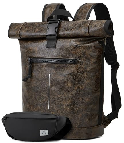 YTL Roll-Top-Rucksack, wasserdicht, groß, für 43,2 cm (17 Zoll) Laptop, Anti-Diebstahl-Rucksack, Reiserucksack, Hüfttasche, Tasche für Schule, Reisen, Camping, Business, Arbeit, 2 Sets, dunkelbraun