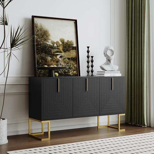 Aparador moderno de 3 puertas en color negro con estantes ajustables, puertas de armario en forma de U, asas de metal y base estable en forma de L, ideal para comedor y cocina, hecho de MDF y