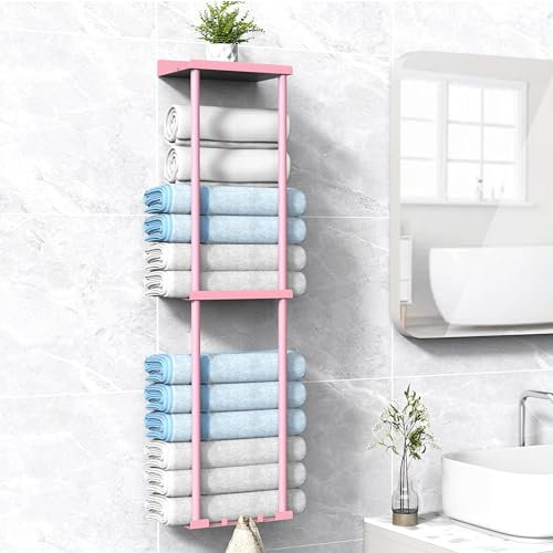 Liuoud Porte-serviettes pour salle de bain, support mural pour serviettes enroulées, porte-serviettes vertical avec étagère pouvant contenir jusqu'à 6 grandes serviettes de bain, rose