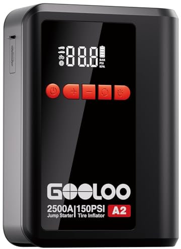 GOOLOO 2500A Booster Batterie Voiture Con 150PSI Compressore, A2 Starter Portatile, 12V Booster 8-in-1 (8L Benzina / 6L Diesel), Gonfiatore per Pneumatici Cordless Spegnimento Automatico