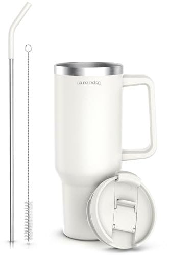 Arendo – Trinkflasche Thermobecher Doppelwandig - 1200 ml – Vakuumgehäuse Edelstahl - Kaffeebecher Auslaufsicher - luftdichter Verschluss - mit Strohhalm - Für Heiß- und Kaltgetränke