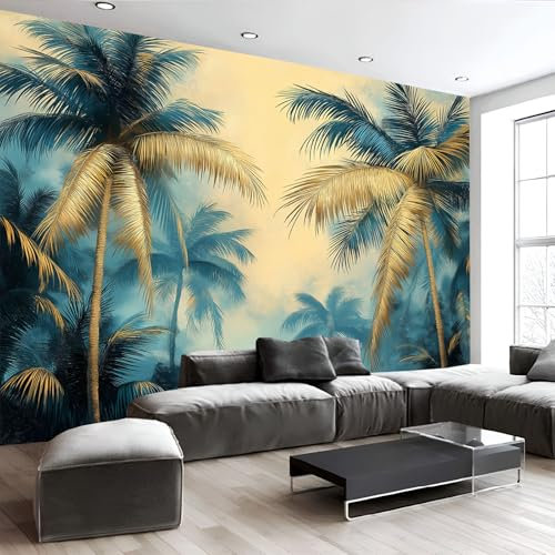 MIATCENRT Photo Wallpaper Tropical Plants, 200X150Cm (Wxh) Wall Mural Waterproof Gold Palm Trees Mural Large Tv Sofa Background Wall Art 3D Murals, Living Room Home Decoration Mural